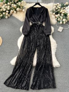 Fancy Adult Lady like Woman Womens Jumpsuit Stylish Fake Two-Piece Long Sleeves Shirt Patchwork Sequin Long Wide-Leg Pants