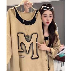 Fall and Winter Plus Size 150.00kg Stylish Long Sleeves Cut Out Fake Two-Piece T-shirts Male Mid Length Long Length Loose Belly-Covering Base Tops