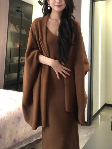 Loose Knitted Coffee Colored Womens Set Korean Style Lazy Fashion Long Sleeve V-Neck Dress And Cardigan Two-Piece Suit