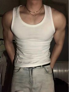 American-Style Pure Cotton Fitness Vest Men White Fancy Tight Exercise Sleeveless Waistcoat Bottoming Two-Band Undershirt