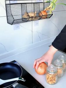 Kitchen Wall Mounted Seasoning Organizer Rack Vegetable Basket Spice Bottle Condiment Jar Organizer Rack no Drilling Kitchen Bathroom Shelf