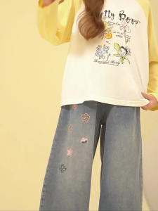 Hight Waist Blue Jeans for Kids Girl Embroidery Korean Kids Denim Pants (Hypoallergenic & Soft) for 3-15 yrs