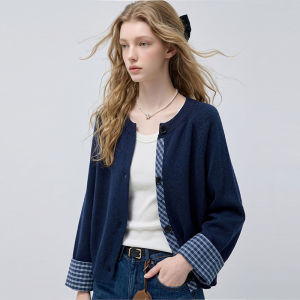 Retro Patchwork Blue Knitted Cardigan Slim