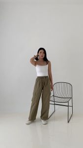 AGGU Cargo Pants Hanami - OLIVE - Celana Cargo Linen Panjang Wanita Loose Pants Highwaist