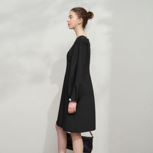 AMII | New Arrivals Large Round Neck Pleated Bell Sleeve Stretch Waist-Fit One-Piece Dress