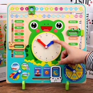 KiddoZone Montessori Wooden Toys for Kids Learning Clock Multifunctional Frog Teaching Clock calendar weather season time week Early Educational Fun Toy for Children Gift for Kindergarten Boys and Girls