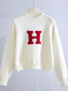 Áo Len Dệt Kim Cổ Tròn Tay Dài Ngắn Ngọt Ngào Có Họa Tiết Chữ H Phong Cách Hàn Quốc Dành Cho Nữ Mùa Xuân 2025