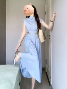 French Style Gentle Elegant Blue Shirt Dress Womens Summer Temperament Small Size Tight Waist Slim Looking Sleeveless Dress