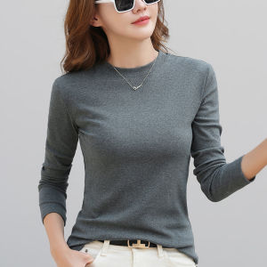 White Cotton Basic Long Sleeve T-Shirt Womens Slim Fit round Neck Underwear Shirt Korean Style Commute Classic Pattern