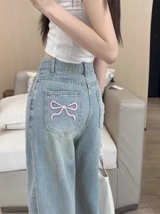 Elegant Embroidered High Waist Straight Leg Thin Denim Jeans for Women Summer Slimming Loose Wide Leg Pants Butterfly Knot