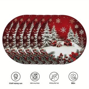 VIKAMA 6 Món Khăn Trải Bàn Cảnh Tuyết Giáng Sinh Trang Trí Bàn Ăn Ngày Lễ Polyester Không Dệt Chống Mài Mòn Dễ Chăm Sóc Cho Các Buổi Họp Mặt Gia Đình