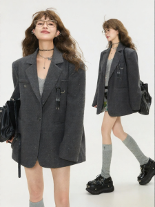 KEIKO | Elegant Relaxed Wide-Shoulder Gray Womens Suit Jacket