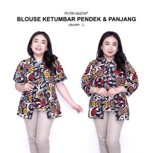 Putri Nasya Blouse Batik Big Size Wanita Atasan Batik Jumbo Wanita Lengkap S-M-L-XL-2L-3L-4L-5L-6L-7L Model Blus Jumbo Seragam Batik / Atasan Kerja Kantor Bahan Katun Terbaru Wanita / Pakaian Batik Kekinian Model Keren / Baju Batik Trendy Super Big LD 140