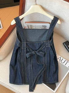 Brand Discount Butterfly Knot Denim Halter Top Women Summer Fashionable Vintage Spicy Sleeveless Shirt Straight Tube Style