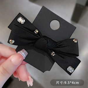 Elegant Satin Butterfly Knot Hair Clip Womens Spring Loaded Black Top Clip Stylish Hair Accessories Diamond Encrusted Hairpin