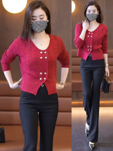 Fashionable Knitted Sweater Set Womens Spring 2024 Slimming Petite Micro Flare Pants Two-Piece Set Trendy round Neck Long Sleeve