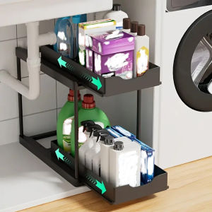 Double-Layer Pull-Out Kitchen Storage Rack Non-Slip and Stable Multifunctional Storage Box with Five Hooks Under-Sink Brush Double-Layer Drawer Storage Rack Suitable for Kitchen and Bathroom Countertop Sink Storage