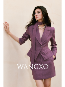 WANGXO | Áo Blazer và Chân Váy Dài Họa Tiết Caro Bằng Nhung Twill