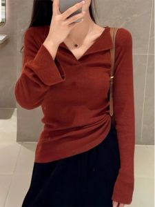 WANGGONGZHU | Princess Style V-Neck Knitted Slim Fit Womens Base Shirt Spring New Fashion Red Crew Neck Sweater Korean Version Long Sleeve