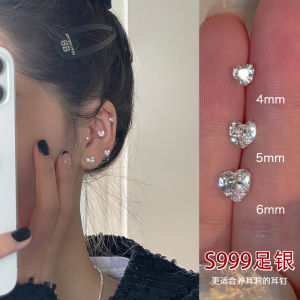 999 Pure Silver Stud Earrings Womens Sterling Silver Earrings Niche Style Heart Zircon Ear Bone Stud Ear Ear Bone Pin Flash Fancy Earrings