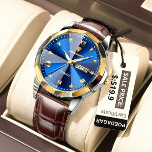 POEDAGAR Luxury Mens Watches Business Leather Men Watch Date Week Waterproof Luminous Fashion Quartz Watch for Men Original Wristwatch