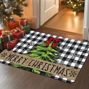 VIKAMA Buffalo Plaid Christmas Tree Doormat Washable Non Slip Indoor Outdoor Entrance Mat Xmas Holiday Home Decor