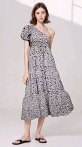 Elegant Floral One-Shoulder Midi Dress with Puff Sleeves and Ruffle Hem #555572