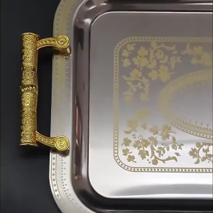 304 Stainless Steel Serving Tray with Handle Food Container Fruits Tray Rectangular Food Tray Coffee Bar Holder Double Handle for Serving Food Storage Kitchen Bar Wedding Use