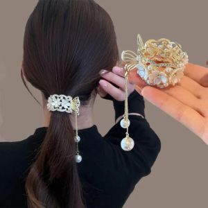 Hot Sale Rhinestone Flowers Pearl Tassel High Ponytail Fixed Hair Claw Clip