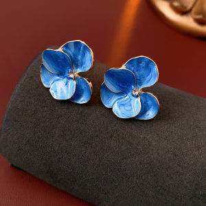 Vintage Blue Dripping Oil Flower Stud Earings for Women Inlaid Rhinestone Smuding Petal Ear Studs Party Daily Charms Бижутерия N