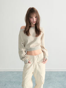 ARCG | Khaki Off-shoulder Tailored Sweatshirt Female Autumn