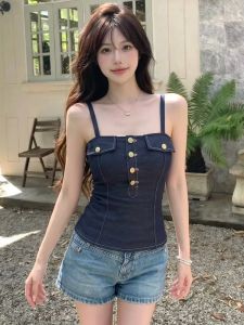 GUZILIAN | French Elegance Contrasting Stitches Imitation Denim Summer Vintage Trendy Backless Tank Top