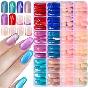 288Pcs Colorful Cats Eye&French Tips Fake Nails Mixed 12Colors Short Square/Coffin Press On Nail Glossy French False Fingertips