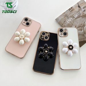 For VIVO Y35/Y15S/Y15A/Y01/Y21S/Y21A/Y21T/Y33S/Y33T/Y02S/Y35/Y16/Y22S/Y77e/Y75/Y76S/Y76/T1 5G/Y22 Luxury 3D Flower Petals Holder Stand Plating Phone Case HP Soft TPU Back Cover