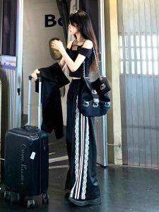 Black Stripe Sports Pants Womens Summer American High Street Spicy Girl Sweatpants Wide Leg Casual Jazz Dance Pants