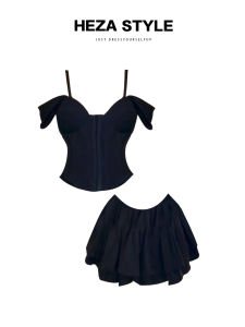 Heza Sweet And Spicy Girl Black Lace Fishbone Waist Cinching Top Women Summer High Waist Puffy Skirt Set Korean Style Slim Fit