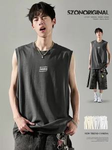 SZON | Áo Thun Không Tay In Chữ Thông Thở Bằng Cotton Dày