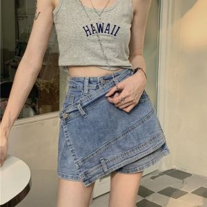 กางเกงยีนส์ผู้หญิง กางเกงขาสั้นแบบสั้น กระโปรงสเกิร์ต เอวสูงสูง ดีไซน์เฉียงแบบไม่สม่ำเสมอ กางเกงชายหาดขาสั้น