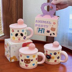 Cats Cartoon Pattern Ceramic Mug with Lid