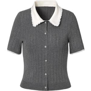 TAMMY TANGS | Sweet Style Short Sleeve Knitted Sweater Lace Collar Doll Neck Design Summer New Arrival Soft Polyester Fiber Fitted Body Shape