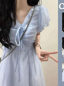 French Style Artsy Tied V-neck Blue Puff Sleeves Dress Small Super Fairy Waist-Tight Slimming Long Dress