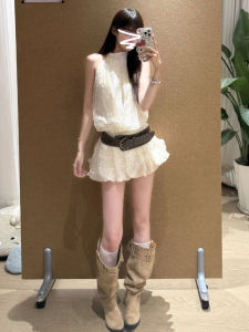 Karrar betsey | Korean Style Sleeveless Halter Neck White Polka Dot Waist-Cinching Short Flared Dress