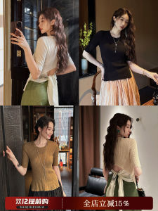 New Chinese Style Tianli Linen Knitted Base Shirt Short Sleeve Womens T-shirt Summer Bow Tie Simple Commute Loose Fit round Neck