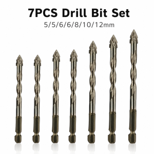 7PCS Upgraded Four Blade Serrated Drill Bits Hex Shank Eccentric Tip for Tile Brick Concrete Drilling