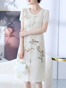 Elegant New Chinese Style Qipao Dress for Women Mid-aged And Elderly Fashionable Loose Fit Midi Skirt with Button Detail