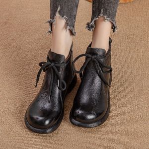 New Autumn Soft Leather Martin Boots Womens Comfortable Flat Bottom Simple French Style Short Boots Retro Chinese New Style Shoes
