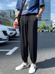 Summer Ice Silk Casual Pants Mens Split Sporty Nine Points Cuffed Air Conditioning Loose Long Trousers Draped Style