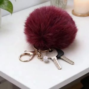 Burgundy Faux Fur Pom Pom Keychain with Rhinestone Fluffy Ball Key Ring for Bags & Keys