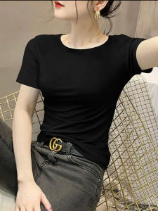 Black Pure Cotton Short Sleeve T-Shirt Womens Slim Fit round Neck Base Shirt Versatile Slimming Top Commute Korean Style Classic Print