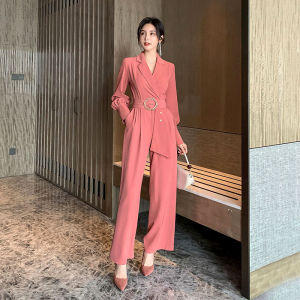 Long Sleeve Jumpsuit Womens New Ol Commuting Elegant Suit Collar Lace-up Waist-Defined Jumpsuit Accessible Luxury Texture Wide-Leg Pants